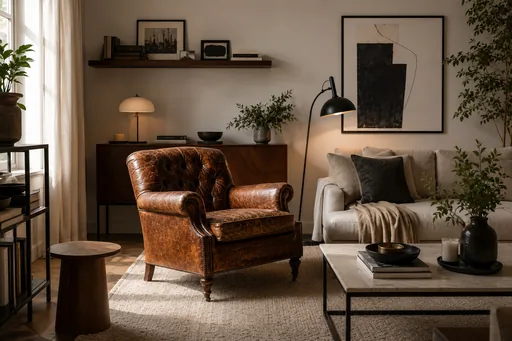 A vintage leather armchair as the focal point in a modern living room