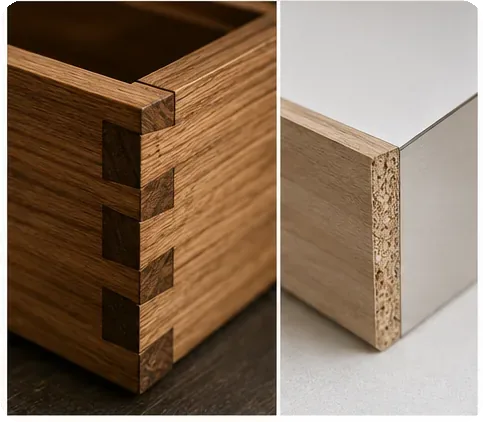 Close-up of solid wood joinery showing the quality of well-made second-hand furniture