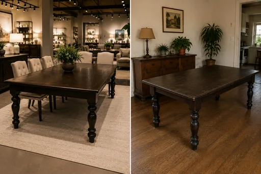 Side-by-side comparison of a similar new showroom dining table and a lightly worn second-hand table