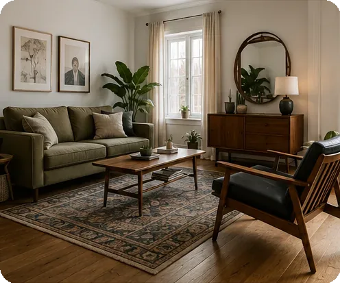 A stylish living room featuring a mix of vintage and contemporary second-hand furniture