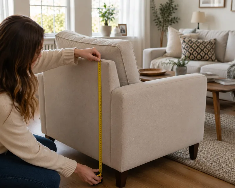 Measuring a second-hand armchair with a tape measure before buying