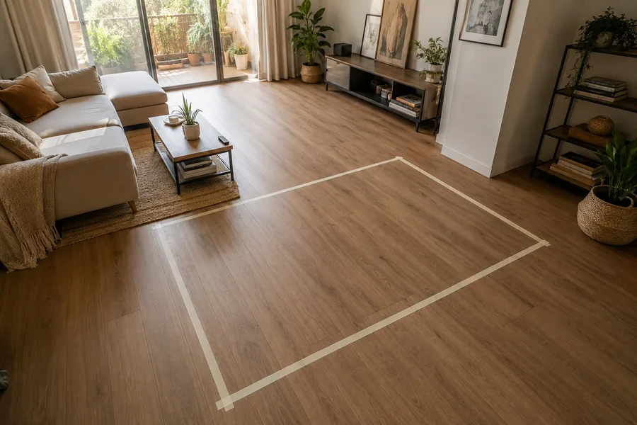 Using masking tape to map out furniture footprint on the floor