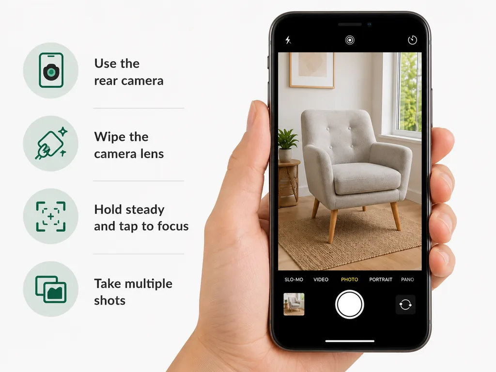Person using a smartphone to photograph a piece of second-hand furniture
